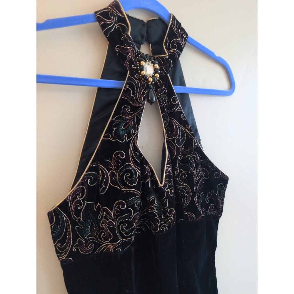 Vintage 80's / 90's Gunne Sax Halter Leaf Print Velvet Gold Trim Dress Sz 11/12